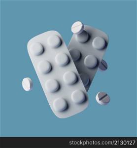 Simple plate with pills and single pills around for drugstore category 3d render illustration. Isolated object on background.. Simple plate with pills and single pills around for drugstore category 3d render illustration.