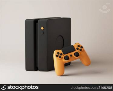 Simple play console with gamepad on floor 3d render illustration. Isolated object on background. Simple play console with gamepad on floor 3d render illustration.