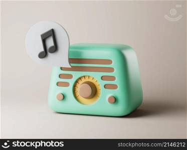 Simple radio with note icon on floor 3d render illustration. Isolated object on pastel background. Simple radio with note icon on floor 3d render illustration.