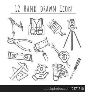Simple Set of Engineering, hand drawn Vector, 12 Icons. Contains such Icons as Manufacturing, Engineer, Production, Settings and more, editable vector stroke.