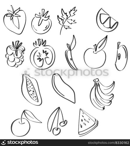 Simple set of fruits outline ollustration. Vegetarian healthy food, sketch of food for menu illustration