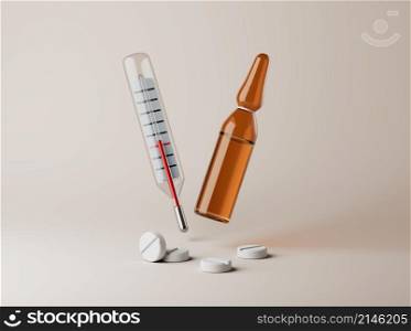 Simple thermometer, ampule and pills on floor 3d render illustration. Isolated object on background.. Simple thermometer, ampule and pills on floor 3d render illustration.