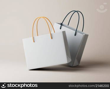 Simple two white paper bags on floor 3d render illustration. Isolated objects on pastel background. Simple two white paper bags on floor 3d render illustration.