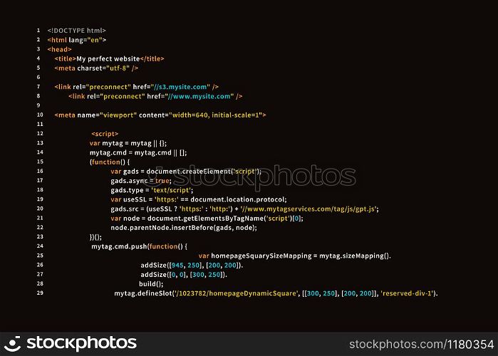 Simple website HTML code with colourful tags in browser view on dark background. Simple website HTML code with colourful tags in browser view on dark