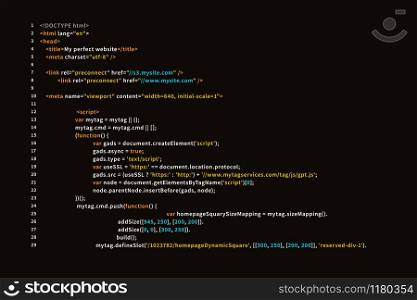 Simple website HTML code with colourful tags in browser view on dark background. Simple website HTML code with colourful tags in browser view on dark