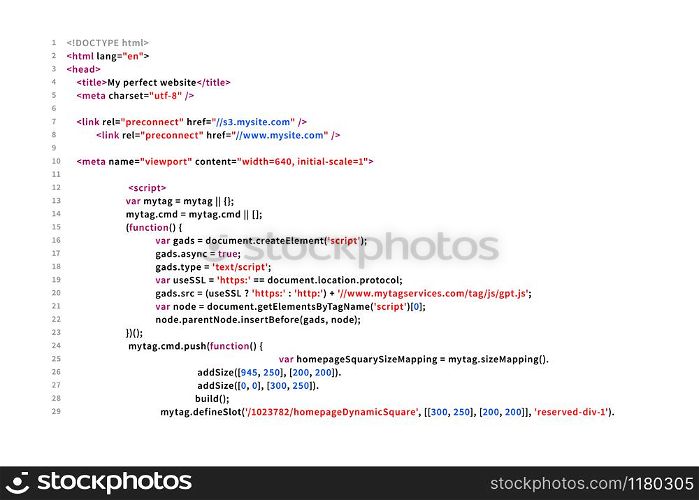 Simple website HTML code with colourful tags in browser view on white background.. Simple website HTML code with colourful tags in browser view on white