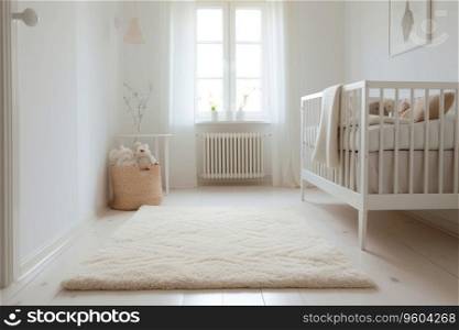 Simple, white baby bedroom with cot and rug.