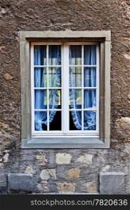 Simple Window with Blue Curtain, Switzerland