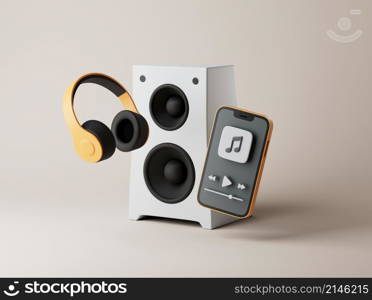 Simple Wireless Audio Acoustic Speakers connected to Mobile Phone on floor 3d render illustration on pastel background.. Simple Wireless Audio Acoustic Speakers connected to Mobile Phone on floor 3d render illustration.