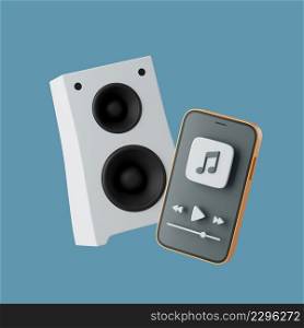 Simple Wireless Audio Acoustic Speakers connected to Mobile Phone on floor 3d render illustration on pastel background.. Simple Wireless Audio Acoustic Speakers connected to Mobile Phone on floor 3d render illustration.