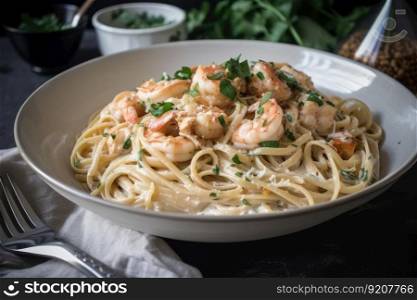 simple yet delicious plate of spaghetti with shrimp and creamy garlic sauce, created with generative ai. simple yet delicious plate of spaghetti with shrimp and creamy garlic sauce