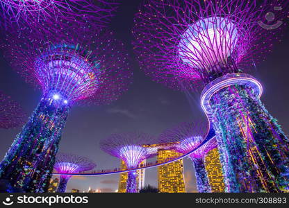 SINGAPORE - AUGUST 26, 2017: Supertrees at Gardens by the Bay. The tree-like structures are fitted with environment technology that mimic the ecology function of trees.