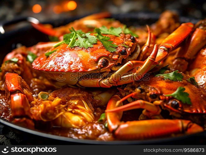 Singapore chili crab seafood meal with sauce and spices.AI Generative