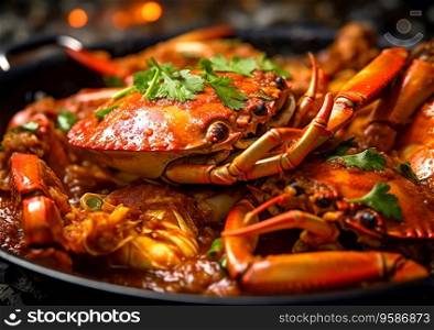 Singapore chili crab seafood meal with sauce and spices.AI Generative