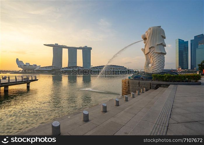 Singapore city, Singapore - April 9, 2018: Merlion park with sunrise in Singapore city, Singapore