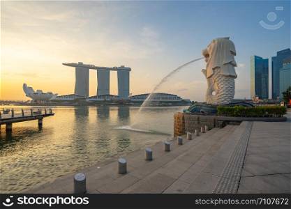 Singapore city, Singapore - April 9, 2018: Merlion park with sunrise in Singapore city, Singapore
