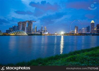 Singapore city skyline view from Marina Barrage in Singapore city.