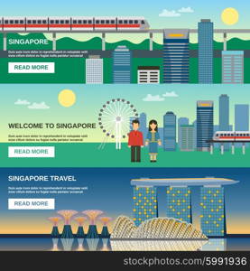 Singapore Culture 3 Flat Banners Set. Singapore best tourist attractions webpage 3 flat horizontal banners with night cityscape and sightseeing pictures abstract vector illustration