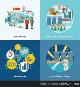 Singapore Culture 4 Flat Icons Composition. Tourist attractions in Singapore 4 flat icons composition poster with cultural symbols pictograms abstract isolated vector illustration