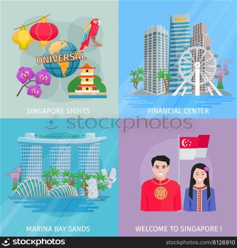 Singapore Culture 4 Flat Icons Square . Singapore sights 4 flat icons square banner with marina bay and financial center abstract vector isolated illustration