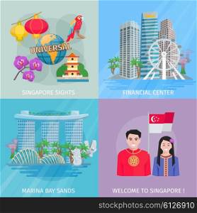 Singapore Culture 4 Flat Icons Square . Singapore sights 4 flat icons square banner with marina bay and financial center abstract vector isolated illustration