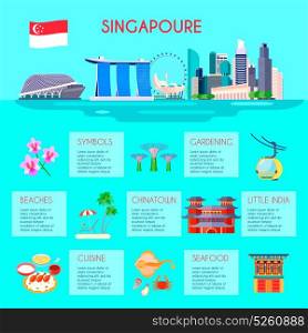 Singapore Culture Infographic. Colored singapore culture infographic with beaches gardening little india cuisine Chinatown and seafood descriptions vector illustration