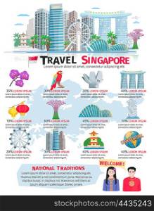 Singapore Culture Infographic Flat Poster . Singapore culture sightseeing tours and national traditions information for travelers infographic flat poster abstract vector illustration
