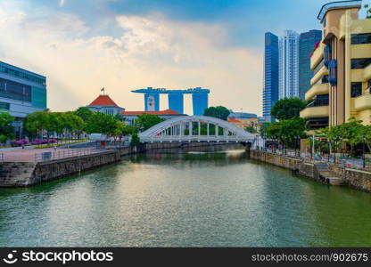 Singapore Downtown skyline with river, reflection. Financial district and business centers in technology smart urban city in Asia. Skyscraper and high-rise buildings.