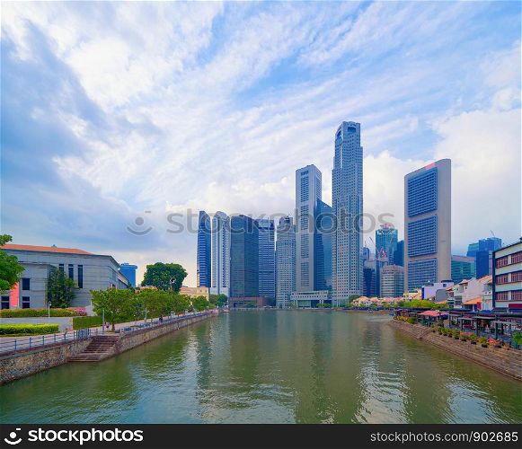Singapore Downtown skyline with river, reflection. Financial district and business centers in technology smart urban city in Asia. Skyscraper and high-rise buildings.