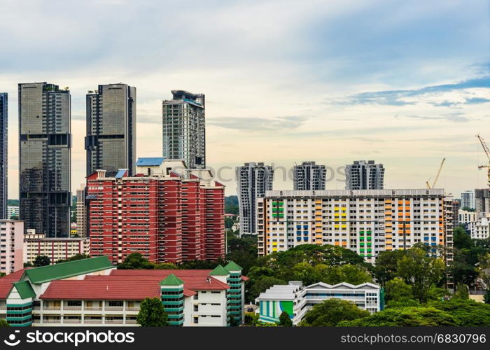 Singapore downtown with skyscrapers and traditional Apartments, Singapore House sunset