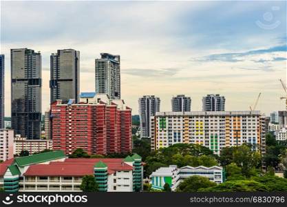 Singapore downtown with skyscrapers and traditional Apartments, Singapore House sunset