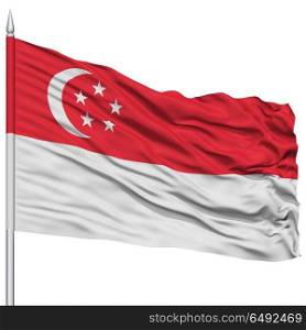 Singapore Flag on Flagpole , Flying in the Wind, Isolated on White Background