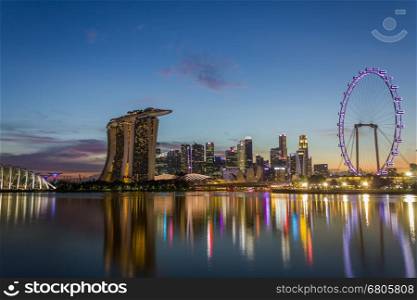 SINGAPORE - JAN 7, 2017 : Urban Skyline and View of Skyscrapers at Sunset time in Singapore, Dusk Landscape Waterfront, Reflction Technique
