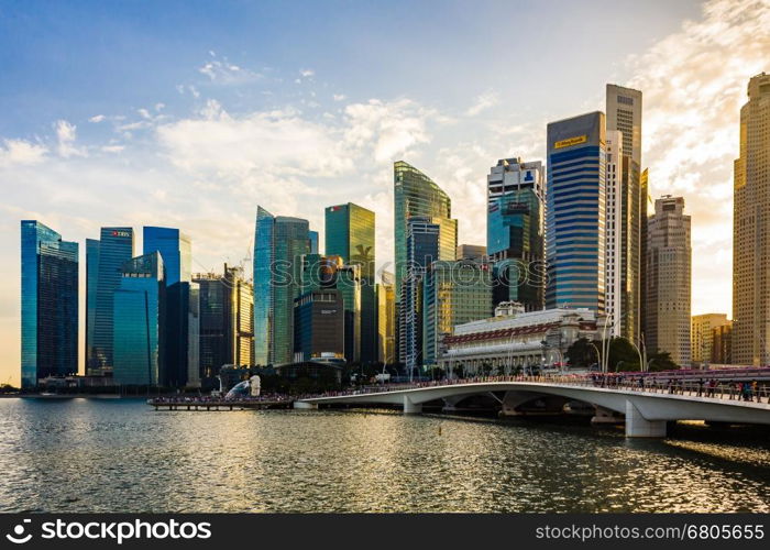 Singapore - January 07, 2017: Singapore Cityscape Financial building with Dramatic Cloud in Marina Bay area Singapore, Golden Hour, Urban Dusk