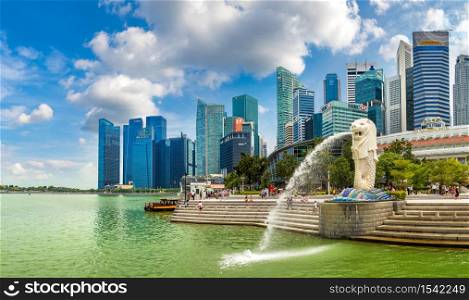 SINGAPORE - JUNE 23, 2018: Panorama of The Merlion fountain statue - symbol of Singapore at summer day