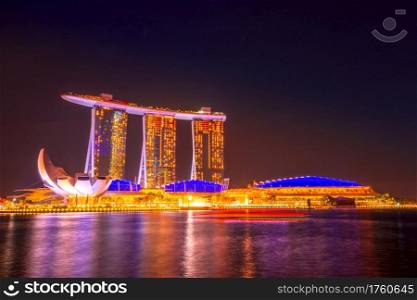 Singapore. Marina Bay and ArtScience Museum. Night. Night Overlooking Marina Bay Sands Hotel