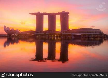 Singapore. Marina Bay, Sand SkyPark and ArtScience Museum. Pink dawn. Marina Bay and Sand SkyPark at Dawn