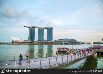 SINGAPORE - OCTOBER 30: Overview of the marina bay with the Merlion and Marina Bay Sands on October 30, 2015 in Singapore.