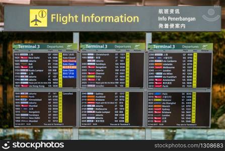 Singapore, SINGAPORE - FEB 12, 2017: Flight information board in Changi airport in Singapore showing various flight to international destination.