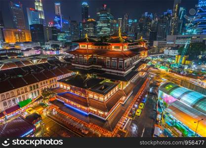 Singapore skyline with view of China Town in Singapore.