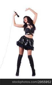 Singer in leather costume on white