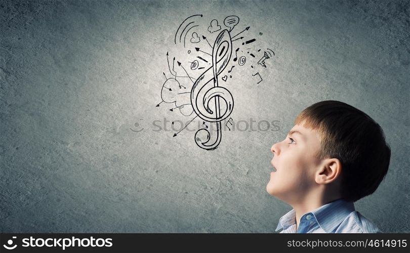 Singing boy. Colorful music symbol and cute boy singing