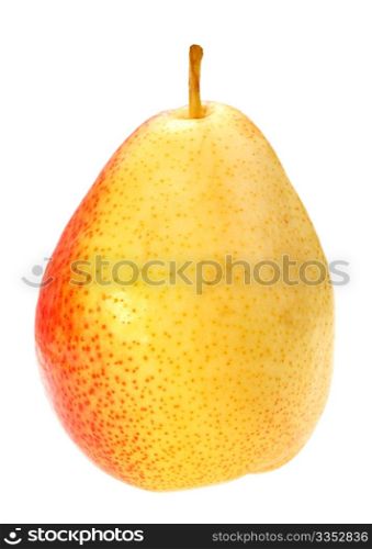 Single a red-yellow pear. Isolated on white background. Close-up. Studio photography.