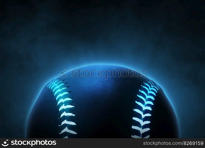 Single black baseball ball with bright blue glowing neon lines on smoke background
