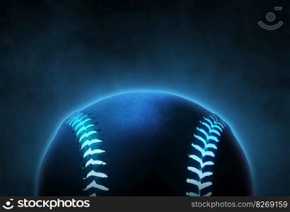 Single black baseball ball with bright blue glowing neon lines on smoke background