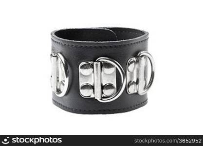 single black leather handcuff isolated on white background