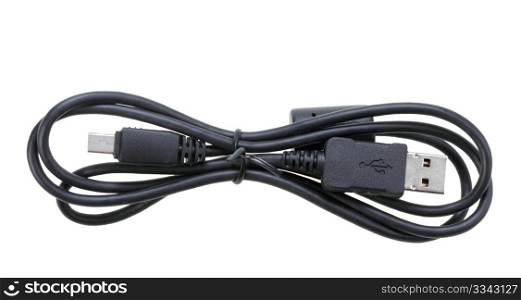 Single black USB-cable. Isolated on white background. Close-up. Studio photography.