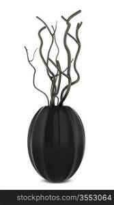 single black vase with dry wood isolated on white background