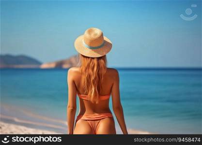Single blonde woman in beachwear and hat on the beach, generative ai