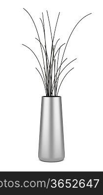 single chrome vase with dry wood isolated on white background